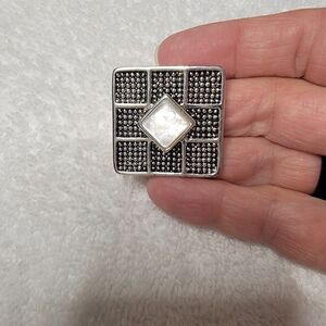 Napier Silver-toned Bead Square Brooch With A Mother-of-Pearl Shell Centerpiece.
